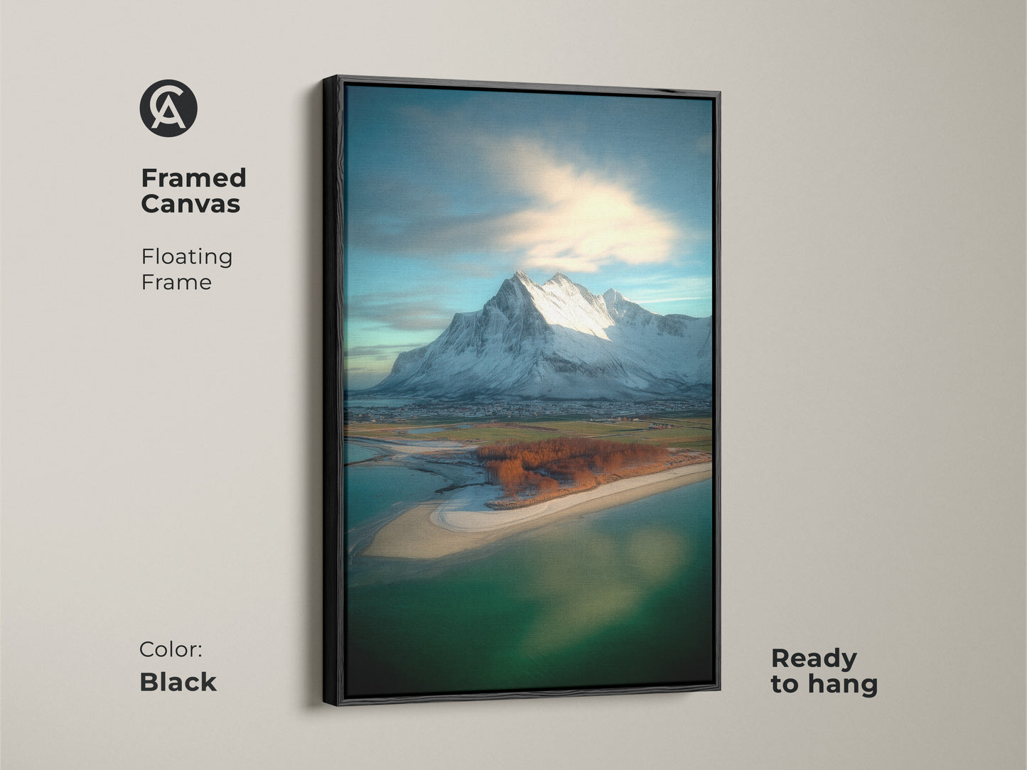 Framed canvas featuring coastal village snowy mountain art. This floating frame enhances the photorealistic mountain artwork. The black frame is ready to hang. It offers contemporary scenic beauty.