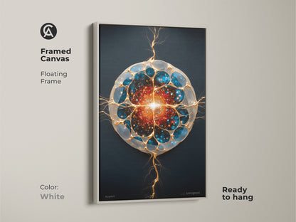 White framed abstract cosmic artwork. A generative galaxy canvas ready to hang. This celestial art piece blends blue gold and orange. The contemporary art is perfect for science fiction enthusiasts and stargazers. Elevate your office decor with this unique cell print or gift this modern abstract piece.
