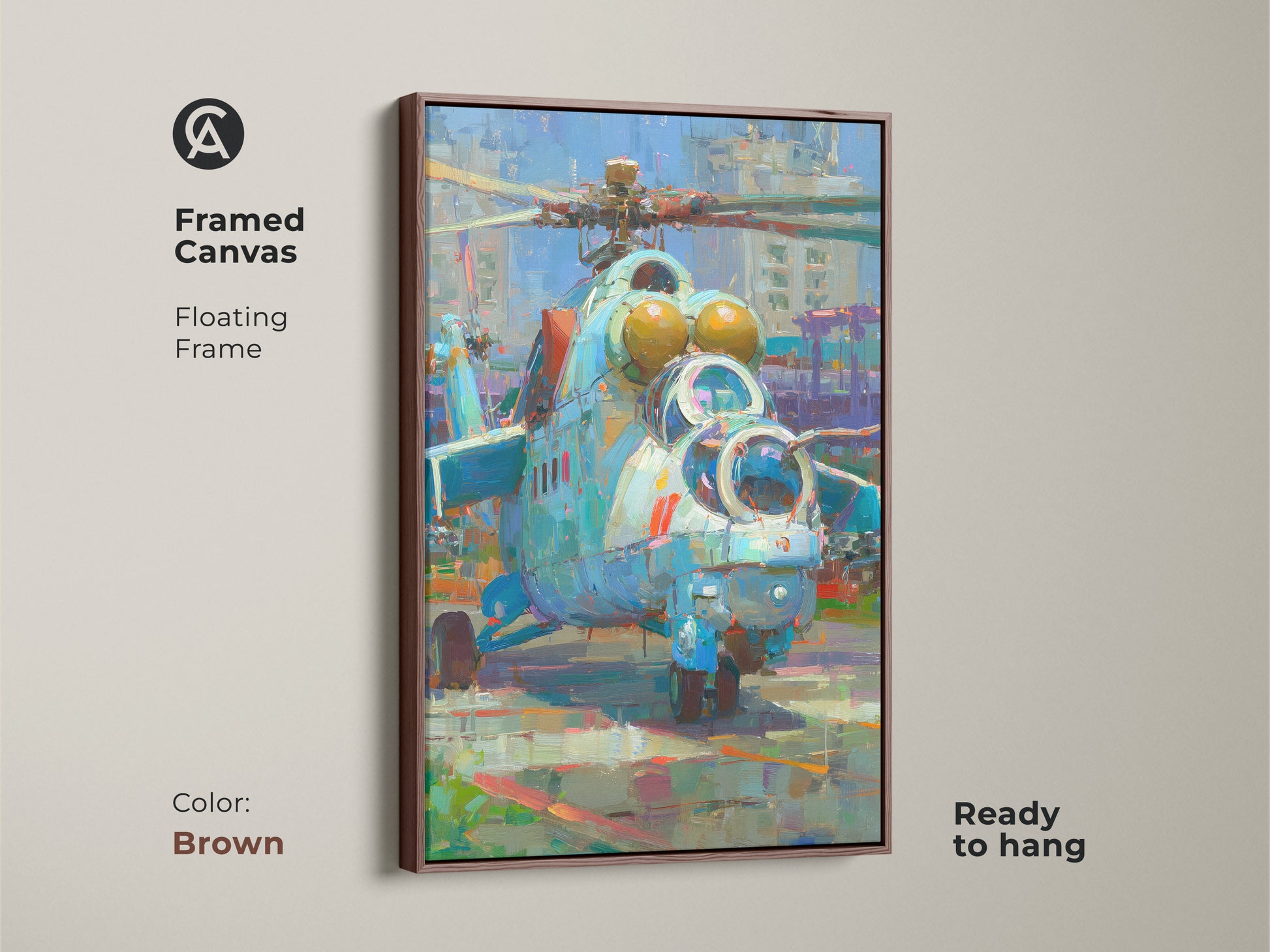 Framed canvas art print of a military helicopter with a brown floating frame. This artwork features an impressionistic style. Ready to hang and adds a rustic touch to your space. Ideal for aviation enthusiasts and collectors of fine art. The brown frame enhances the artwork's warmth. A great addition to any room.