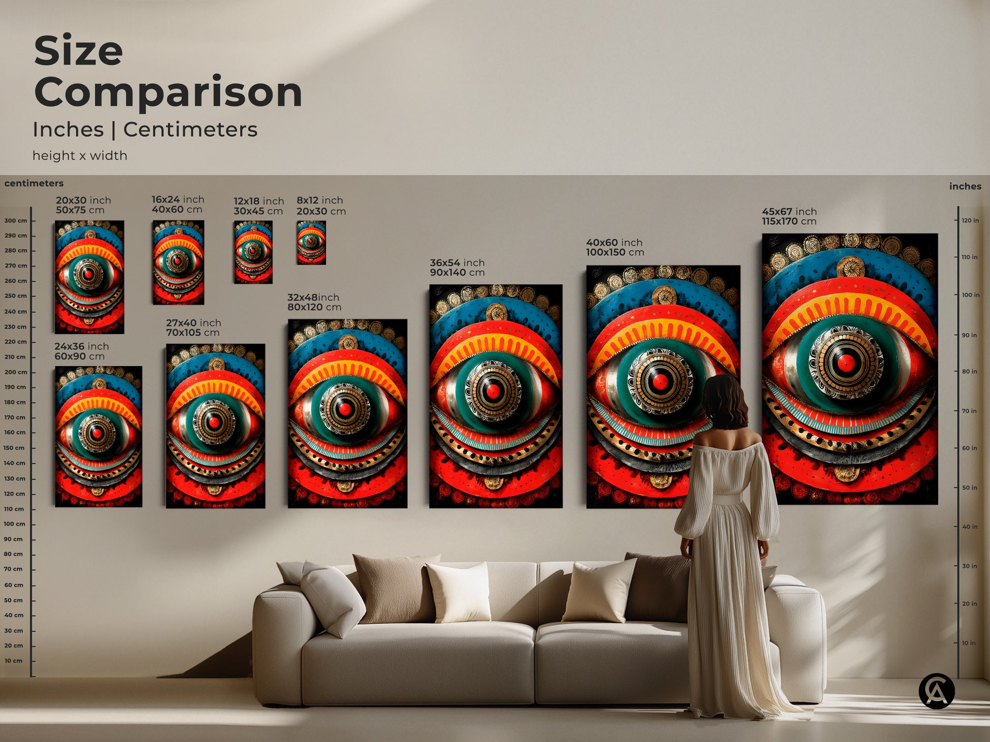 Size comparison of boho abstract eye artwork in inches and centimeters. See how the spiritual mandala art fits above a sofa. Available in multiple sizes to suit your decor needs.