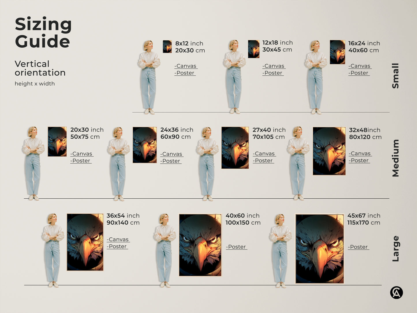 Sizing guide showing a woman standing next to various sizes of Griffin canvas and poster prints. Vertical orientation height x width. Available in small medium and large sizes. Perfect wall decor for any room.