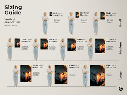 Sizing guide showing a woman standing next to various sizes of Griffin canvas and poster prints. Vertical orientation height x width. Available in small medium and large sizes. Perfect wall decor for any room.