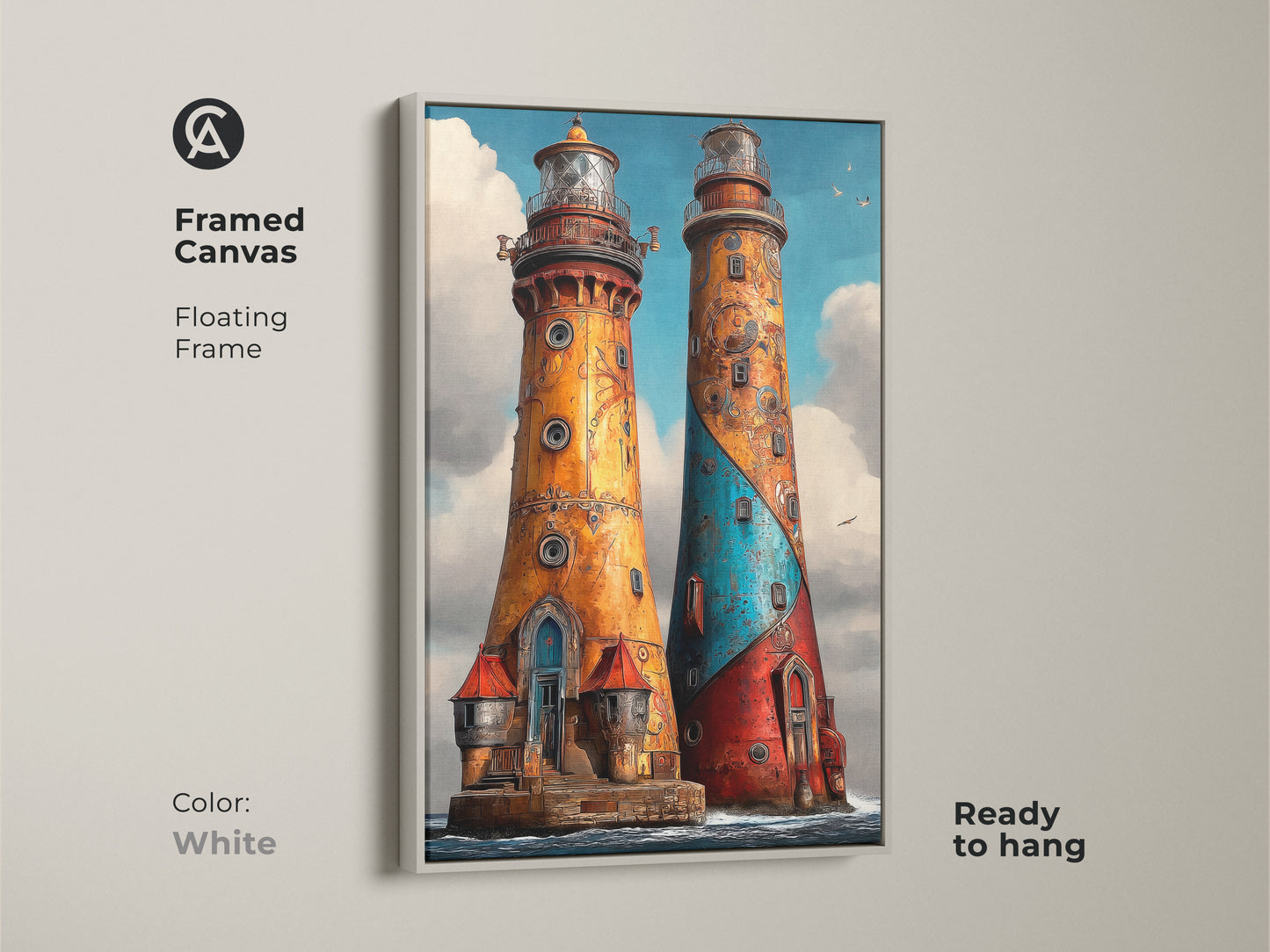 Framed canvas showcases Steampunk Lighthouse artwork with a white floating frame. This ornate nautical art blends red blue and orange colors. A refined coastal decor choice for your home