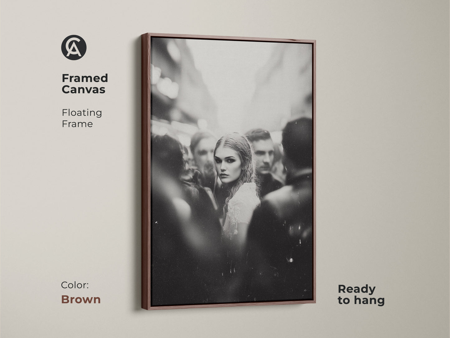 Enhance your space with framed black and white art. This monochrome street photography features a captivating woman's portrait. The brown floating frame adds a touch of warmth. Ready to hang in your bedroom or living room. Perfect for contemporary home decor. The brown frame enhances the urban fine art print.