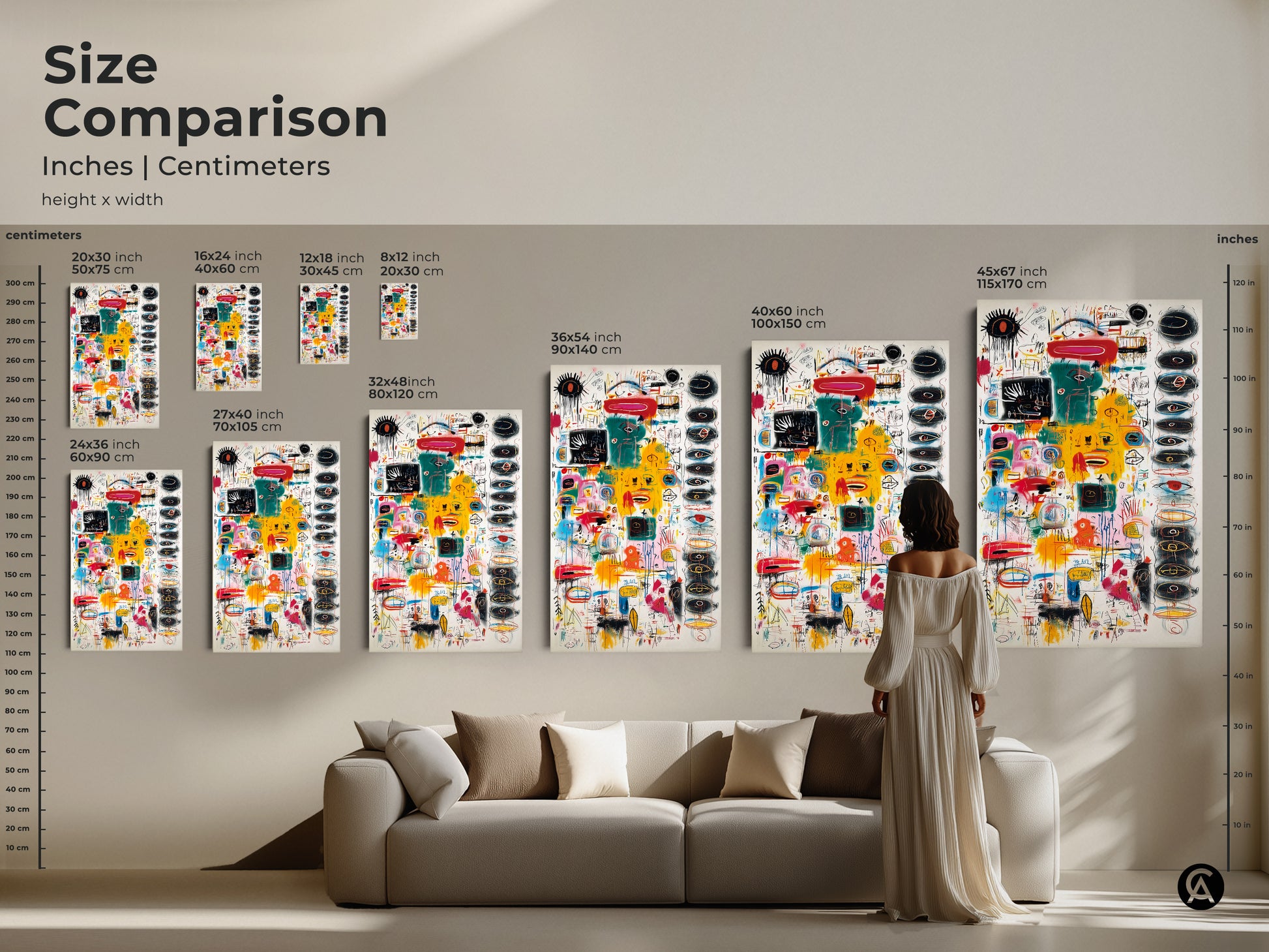 Size comparison of abstract artwork in inches and centimeters. See how this art fits in your space. Sizes vary from 8x12 to 45x67 inches. Perfect for adding a modern touch to any room or decor.
