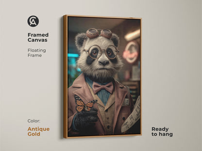 Framed Canvas showcasing the Steampunk Panda with a clean white floating frame. The surreal animal art is a great piece for any room. Ready to hang this panda butterfly artwork adds sophistication to eclectic home decor.