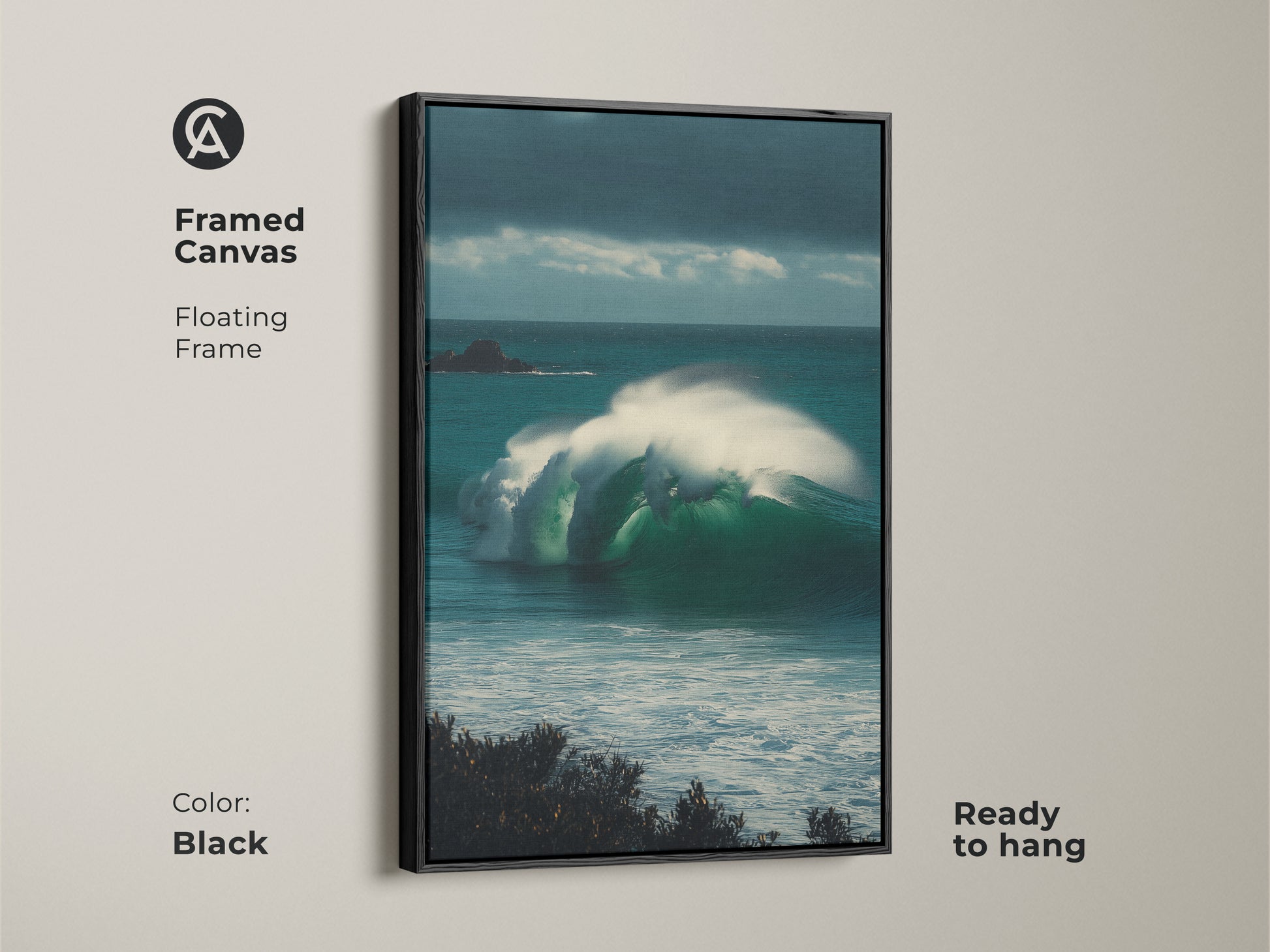Black Framed Canvas of Ocean Wave Artwork. This framed emerald green ocean wave art is ready to hang. The coastal rock art offers nature inspired wall decor for any room.