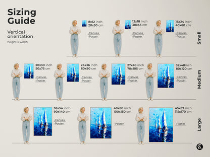 Sizing guide for vertical coastal sailboat art prints. Available in small medium and large sizes. Find dimensions in inches and centimeters for canvas and poster options. Choose the perfect size to complement your space. Enhance your home with nautical wall decor today. Perfect for any space.