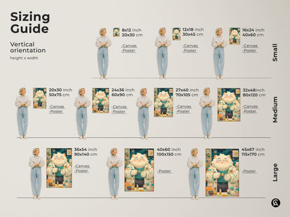 Sizing guide for the vertical cat doctor artwork print. Available in small medium and large sizes for canvas or poster. Find the perfect fit for your space. Transform your room with this charming feline art.