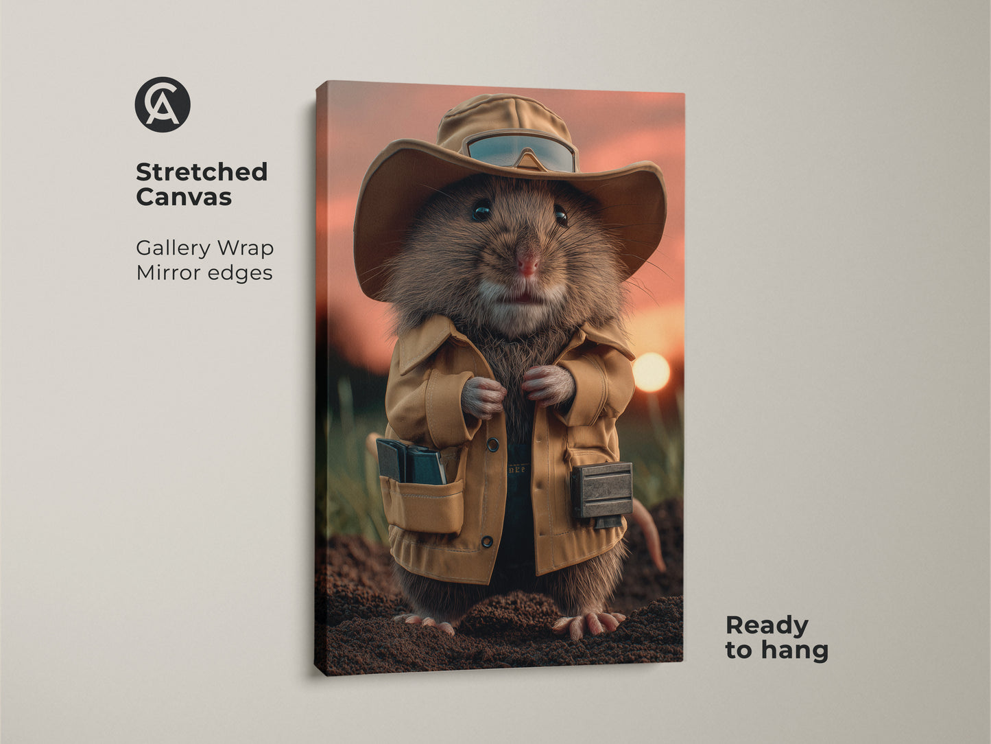 Mouse explorer canvas print is ready to hang with gallery wrapped mirror edges. This whimsical animal art offers a surrealist touch. It serves as an eclectic home decor gift for any room.