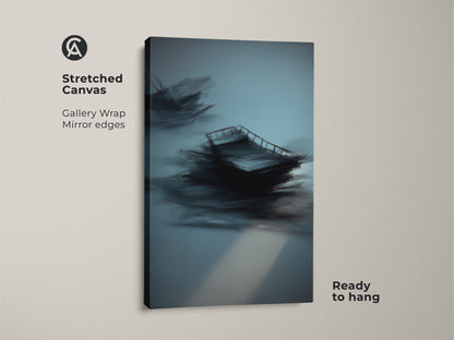 Stretched canvas showcasing teal abstract art. This gallery-wrapped piece features a minimalist sailboat nautical theme. This wall art enhances modern coastal bedroom decor. Ready to hang for instant waterfront home charm.