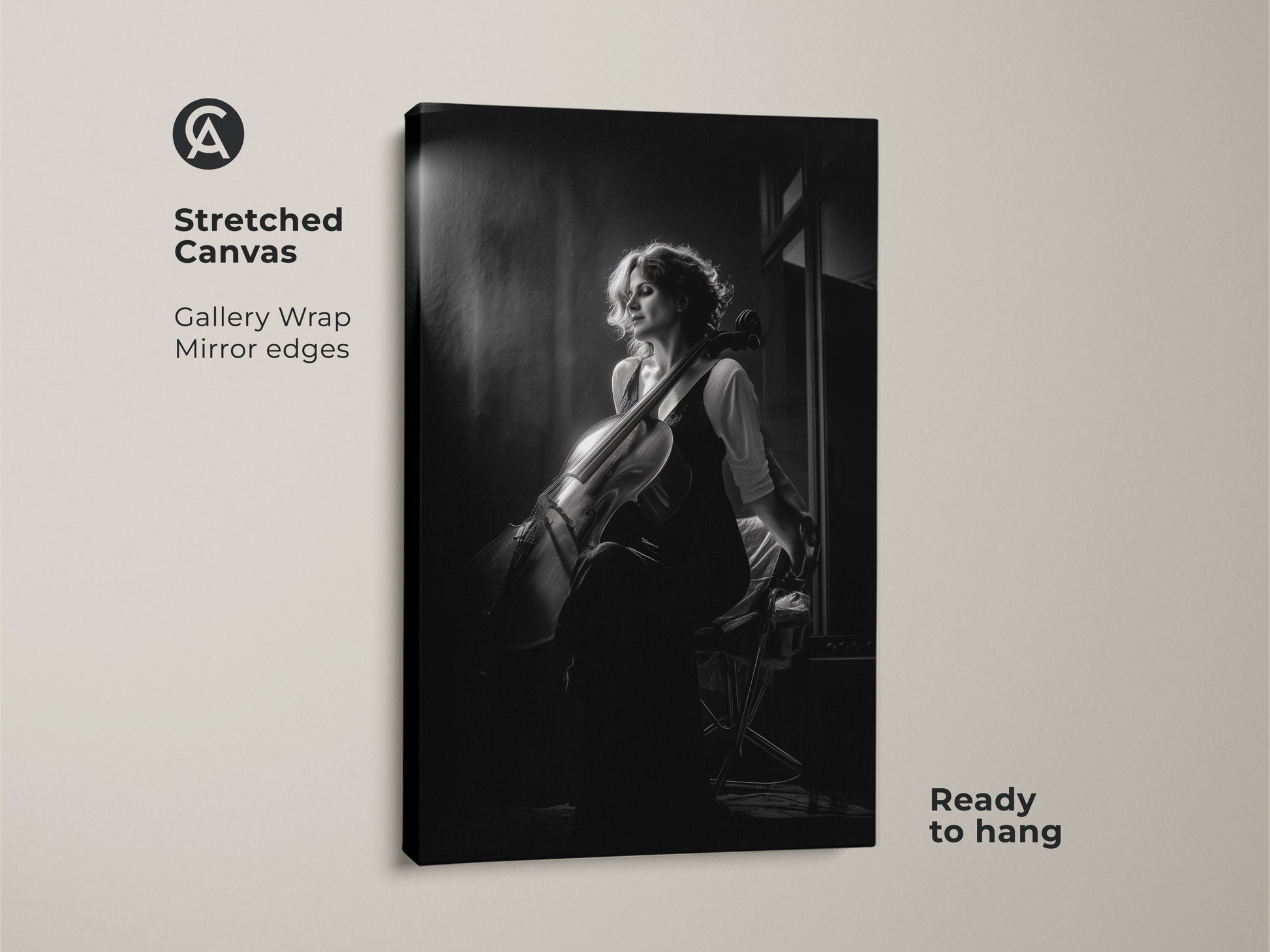 Stretched canvas of a cellist in black and white. Gallery wrap with mirrored edges offers a modern look. Ready to hang this musician portrait adds a fine art touch. Ideal for contemporary music room decor or as a gift for a music lover. The monochrome portrait enhances any wall.
