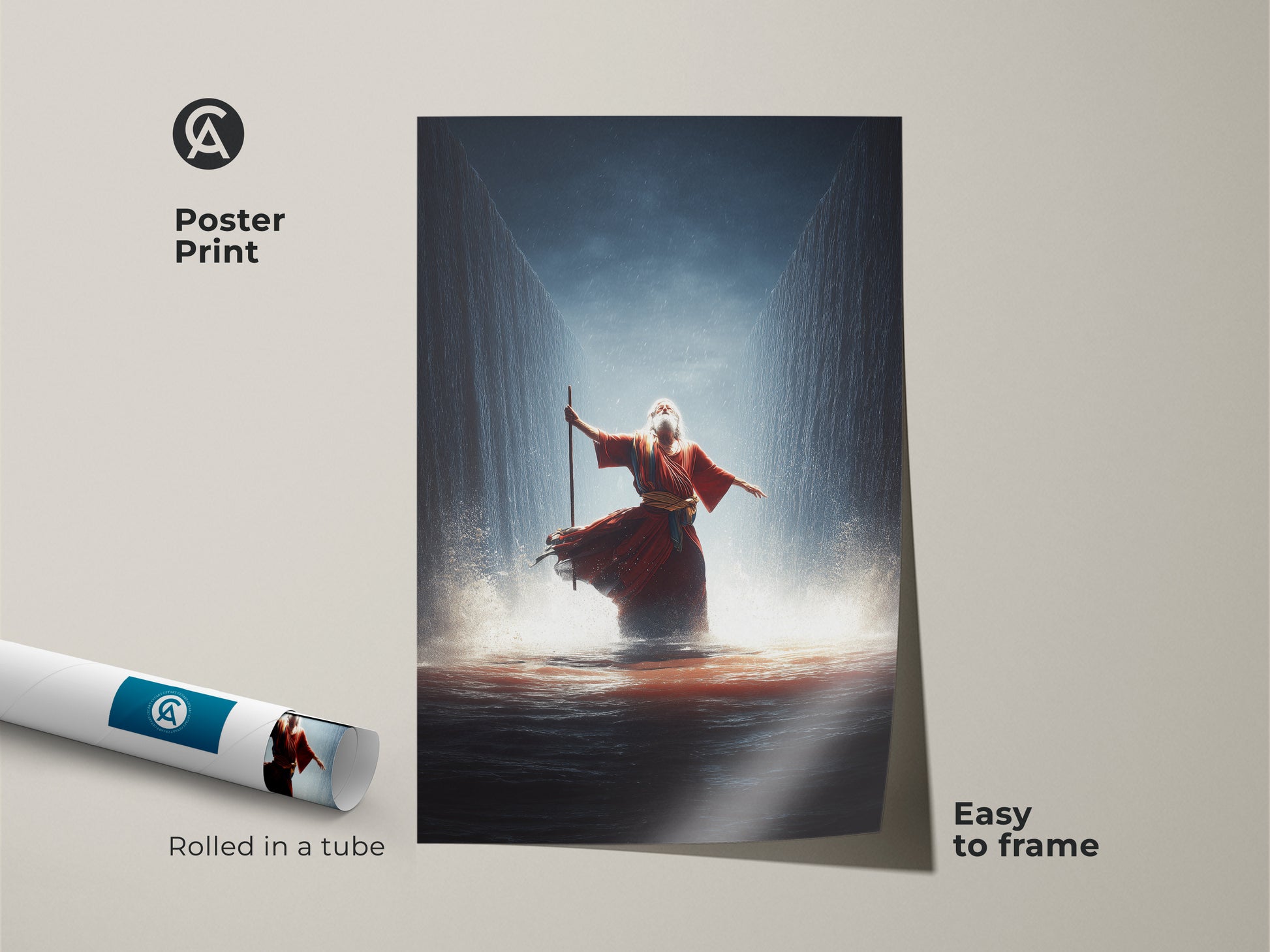 Discover the Moses Red Sea Crossing Poster Print. This museum-quality paper print is easy to frame. It depicts the biblical event in crimson and gold. A unique spiritual gift and powerful conversation piece for any space.