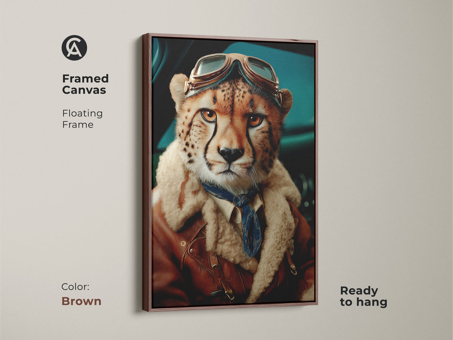 Framed canvas with a floating frame in brown displaying a cheetah aviator art print. This piece offers an adventurous vibe. Perfect as a statement piece for a study room. Ready to hang.