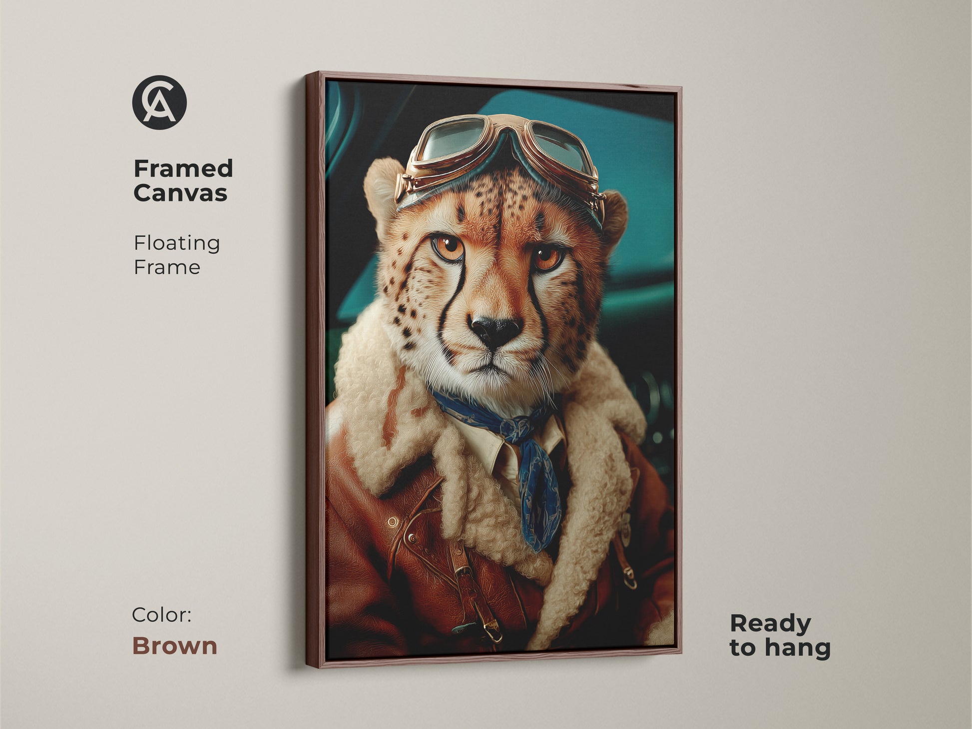 Framed canvas with a floating frame in brown displaying a cheetah aviator art print. This piece offers an adventurous vibe. Perfect as a statement piece for a study room. Ready to hang.