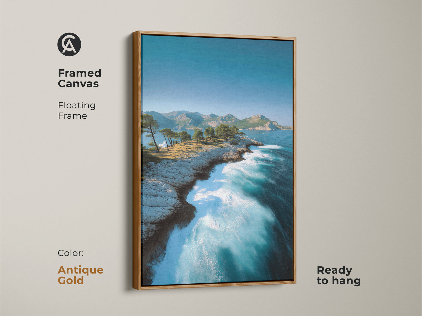 Antique Gold Framed Canvas of Ocean Cliff Art. This floating frame elevates the deep blue sea artwork with pine trees. A perfect housewarming gift with a beach theme.