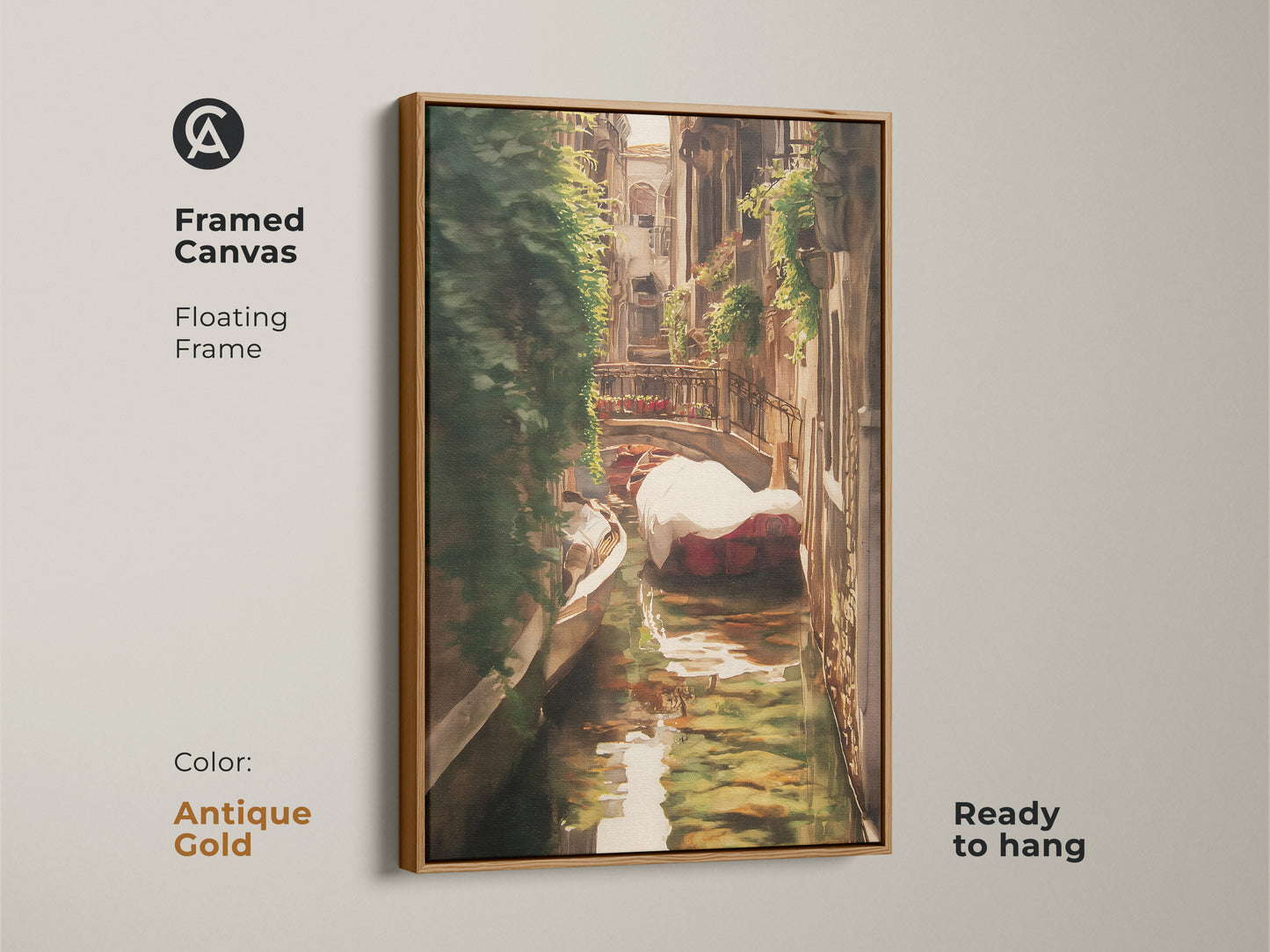Framed canvas of an Italian canal art print. The Venice gondola landscape painting features traditional brown gold and green tones. Antique gold floating frame enhances this ready-to-hang artwork.