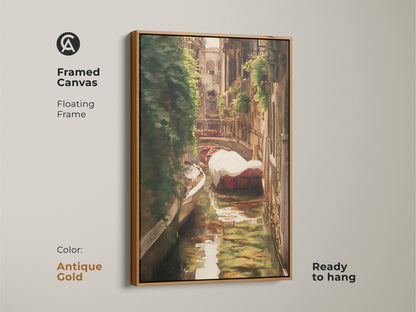 Framed canvas of an Italian canal art print. The Venice gondola landscape painting features traditional brown gold and green tones. Antique gold floating frame enhances this ready-to-hang artwork.