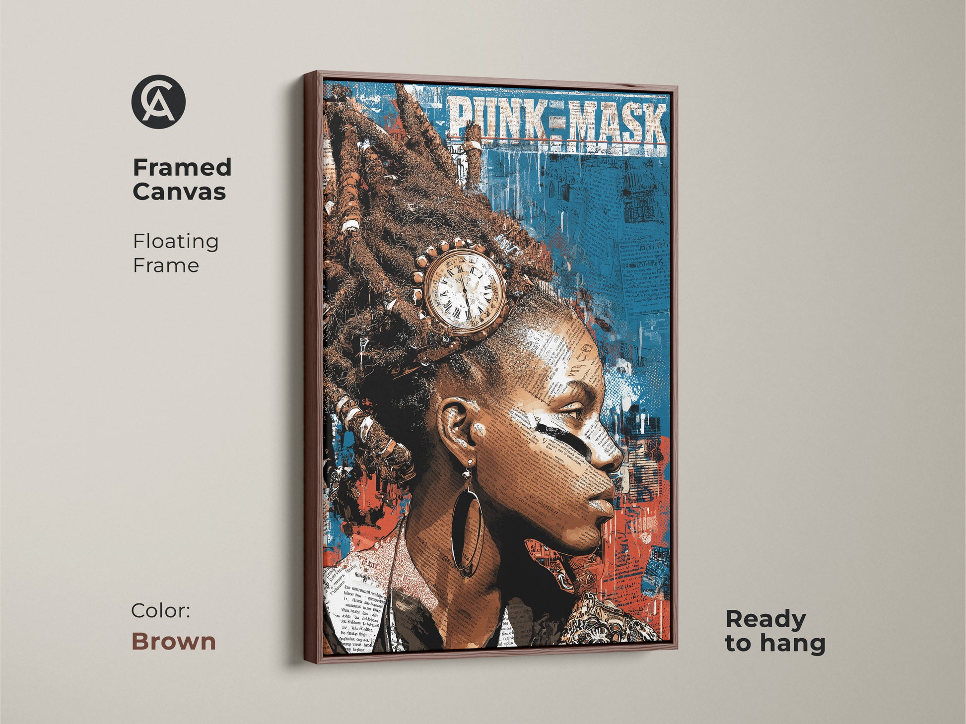 Brown framed canvas art presents an abstract woman portrait with a punk mask. This red blue teal canvas is eclectic artwork. This is a statement art piece for alternative home decor.