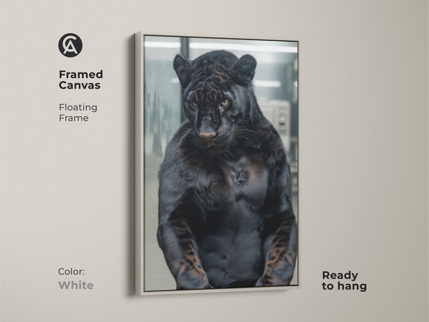 Framed canvas showcasing a black panther with a floating frame in white. The white frame enhances the artwork's modern appeal. This ready-to-hang canvas adds a clean touch to your decor. The panther's muscular build and piercing eyes create a captivating focal point. Enhance your space with this stunning piece.