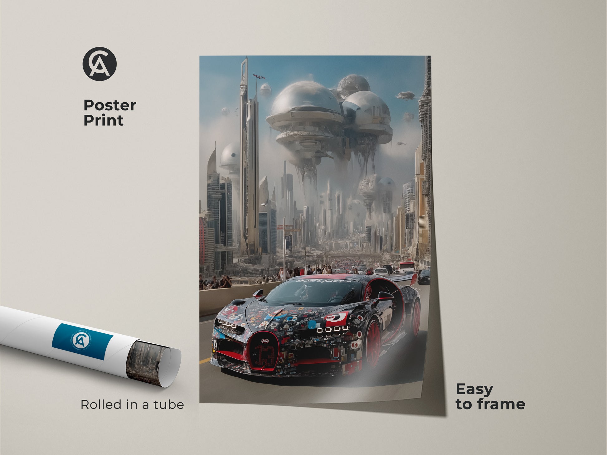 A modern automotive poster print featuring a hypercar. The artwork showcases a futuristic cityscape with a hypercar. Easy to frame this sci-fi automotive art is rolled in a tube for protection. The red black colors make it a unique F1 fan gift. Add a contemporary touch to your office or home.