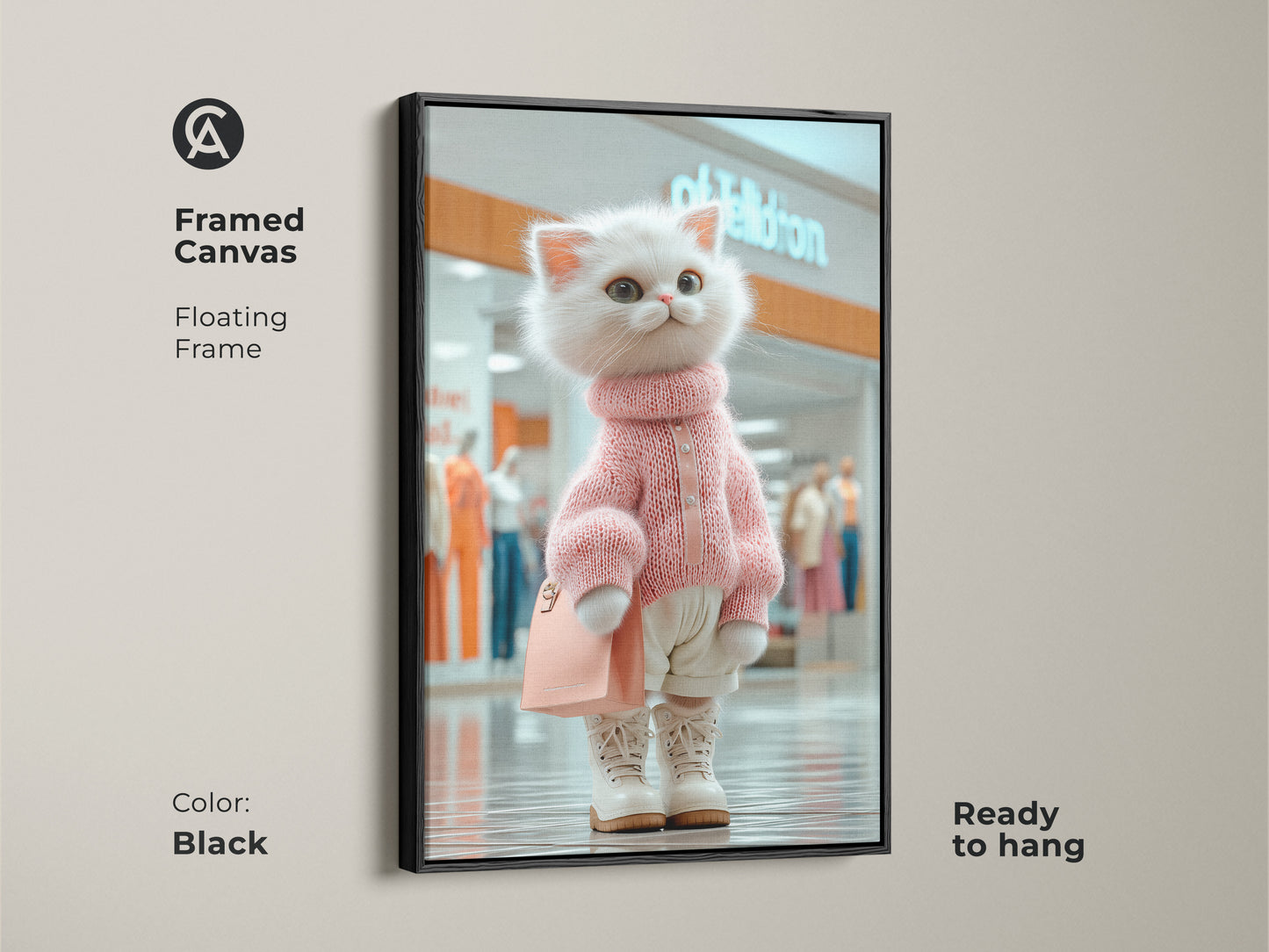 Framed canvas with a black floating frame showcasing a cute white cat at the mall. This ready-to-hang cat art adds a modern touch to any room. Perfect for cat lovers and art collectors alike.
