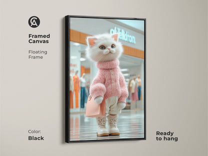 Framed canvas with a black floating frame showcasing a cute white cat at the mall. This ready-to-hang cat art adds a modern touch to any room. Perfect for cat lovers and art collectors alike.