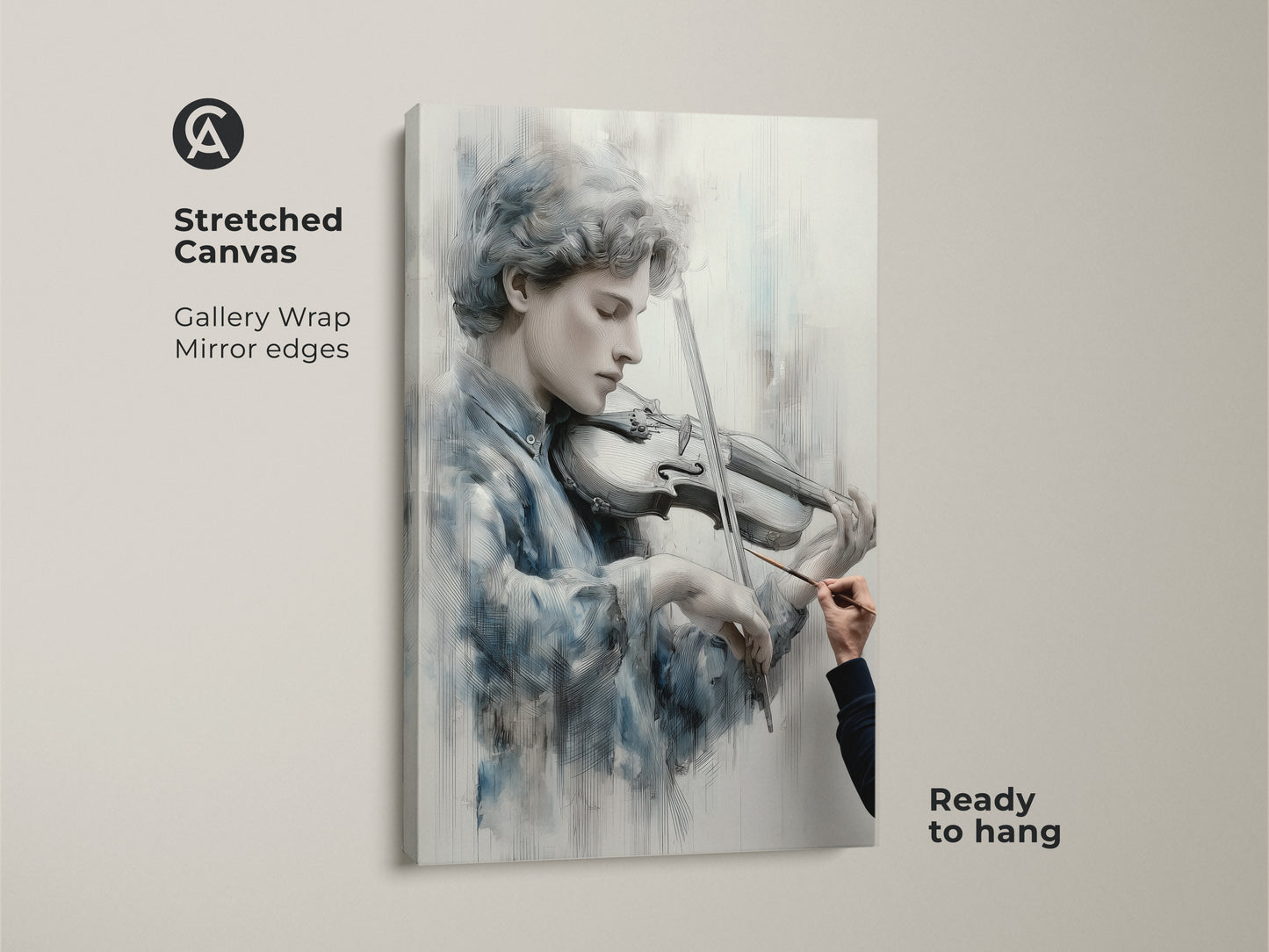 Stretched canvas art featuring a young violinist in a mirror edge gallery wrap. Ready to hang this fine art print adds elegance to your home. The artwork showcases the beauty of music. Enhance your decor with this captivating piece.