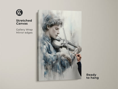 Stretched canvas art featuring a young violinist in a mirror edge gallery wrap. Ready to hang this fine art print adds elegance to your home. The artwork showcases the beauty of music. Enhance your decor with this captivating piece.