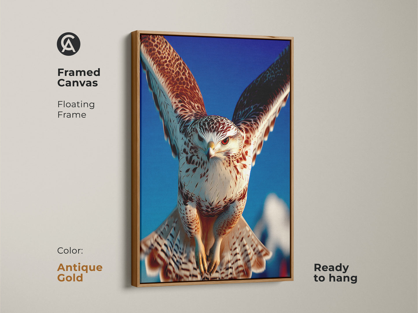 This antique gold framed canvas features a majestic falcon in flight. The bird of prey artwork offers realistic nature landscape print. A unique falconry gift idea this ready to hang canvas adds a touch of wildlife to any room with its falcon close up art.