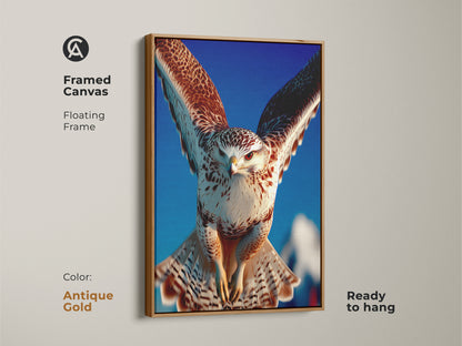 This antique gold framed canvas features a majestic falcon in flight. The bird of prey artwork offers realistic nature landscape print. A unique falconry gift idea this ready to hang canvas adds a touch of wildlife to any room with its falcon close up art.