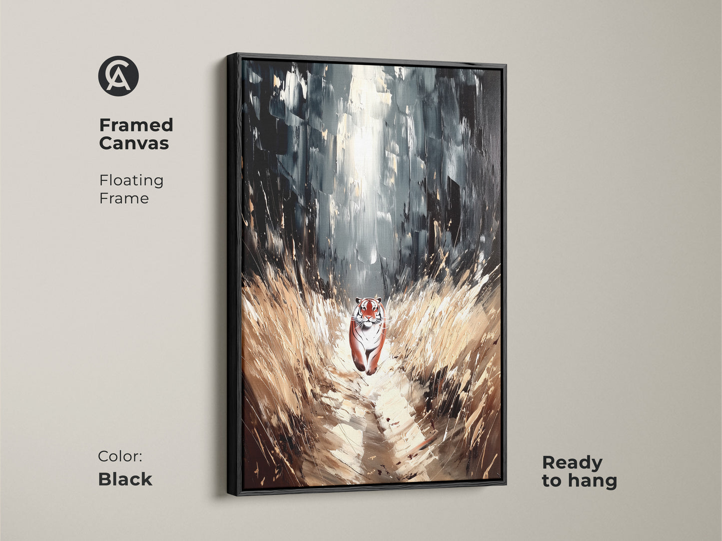 Framed Canvas of Tiger Forest Canvas Art. Black floating frame color on wildlife wall decor. The piece features black white animal art for your eclectic living room art ready to hang.