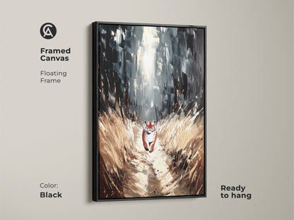 Framed Canvas of Tiger Forest Canvas Art. Black floating frame color on wildlife wall decor. The piece features black white animal art for your eclectic living room art ready to hang.