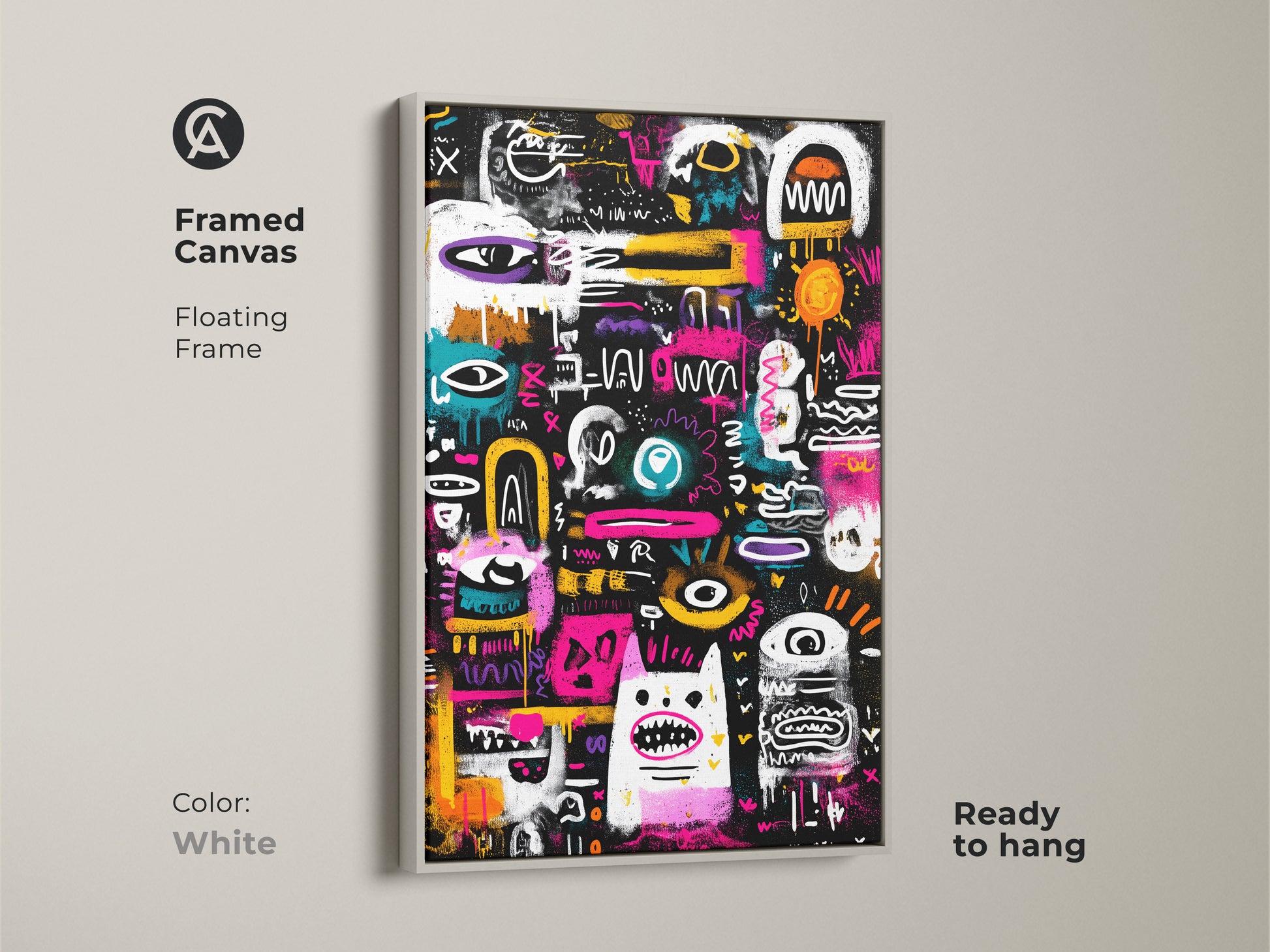 Framed canvas with a floating frame in white. This ready-to-hang artwork showcases a black background with colorful graffiti-style art. A clean and modern addition to any room.