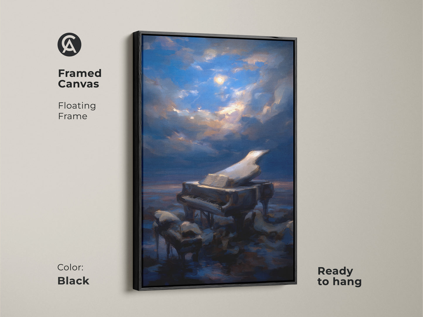 Framed canvas featuring surreal grand piano art. This moonlit night sky artwork is ready to hang. The floating black frame enhances its deep blue and gold details. An eclectic living room decor piece for art lovers. A thoughtful gift for musicians. The canvas enhances any music lover's home.