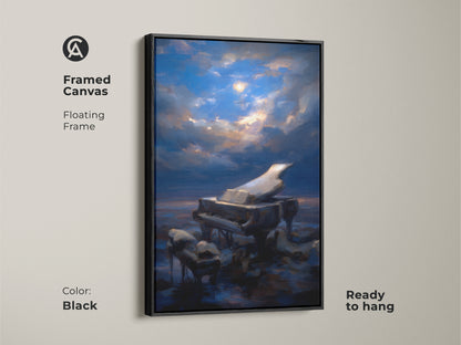 Framed canvas featuring surreal grand piano art. This moonlit night sky artwork is ready to hang. The floating black frame enhances its deep blue and gold details. An eclectic living room decor piece for art lovers. A thoughtful gift for musicians. The canvas enhances any music lover's home.