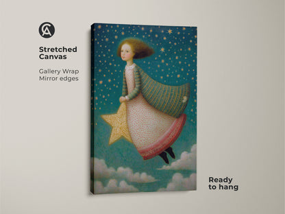 A dreamy girl floats on a gold star through a teal starry sky in this stretched canvas art. Ideal celestial nursery art and kids room wall decor. This gallery-wrapped fantasy artwork is ready to hang adding a whimsical touch. It is a thoughtful gift for young dreamers.
