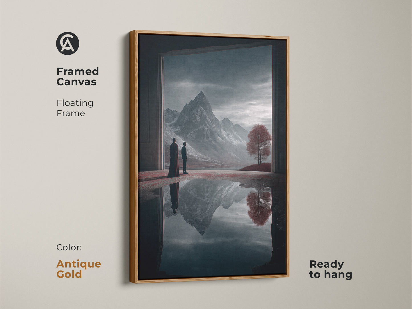 Framed canvas art of a surreal mountain landscape with a floating antique gold frame. This ready-to-hang fantasy art features two figures contemplating a crimson tree and a deep blue mountain reflection enhancing any eclectic space.