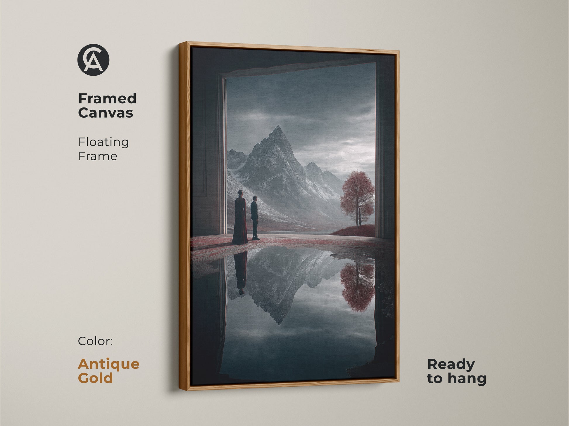 Framed canvas art of a surreal mountain landscape with a floating antique gold frame. This ready-to-hang fantasy art features two figures contemplating a crimson tree and a deep blue mountain reflection enhancing any eclectic space.