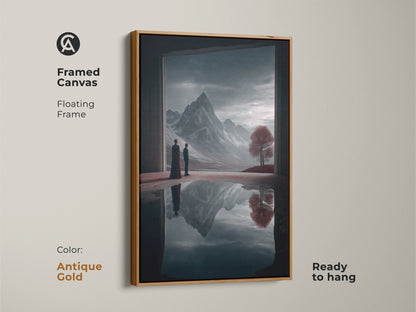 Framed canvas art of a surreal mountain landscape with a floating antique gold frame. This ready-to-hang fantasy art features two figures contemplating a crimson tree and a deep blue mountain reflection enhancing any eclectic space.