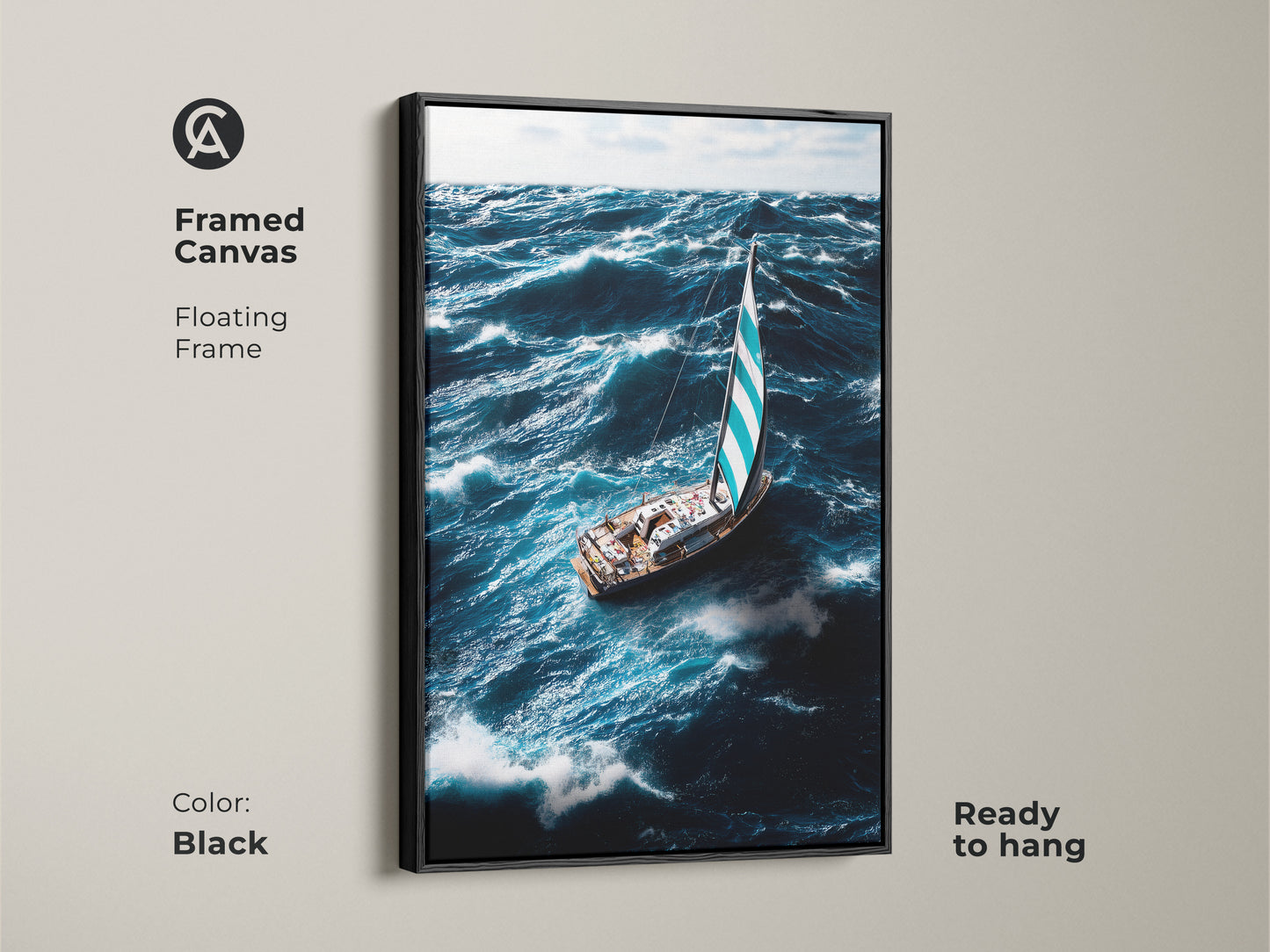 Framed canvas of a sailboat sailing through ocean waves. This coastal art has a black floating frame. The deep blue sea canvas enhances any space. This is a beautiful sailing boat wall hanging. A mariner gift wall art piece. Ready to hang