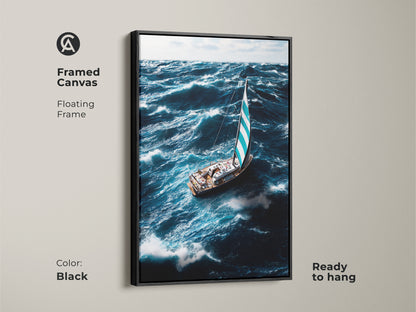 Framed canvas of a sailboat sailing through ocean waves. This coastal art has a black floating frame. The deep blue sea canvas enhances any space. This is a beautiful sailing boat wall hanging. A mariner gift wall art piece. Ready to hang