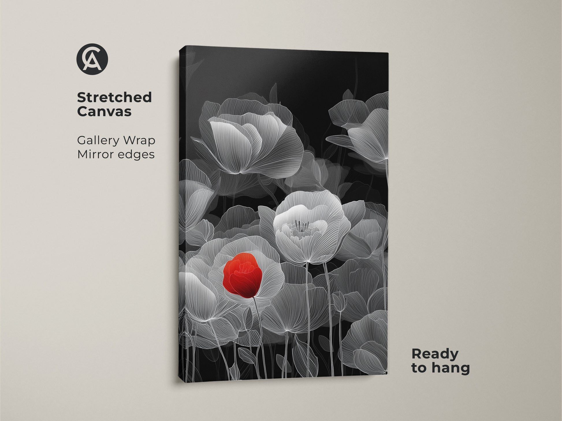 Stretched canvas of abstract botanical line art with a red poppy. Black and white floral elements create a minimalist effect. This contemporary floral decor is ready to hang. It's perfect for adding nature-inspired wall art to a modern bedroom.