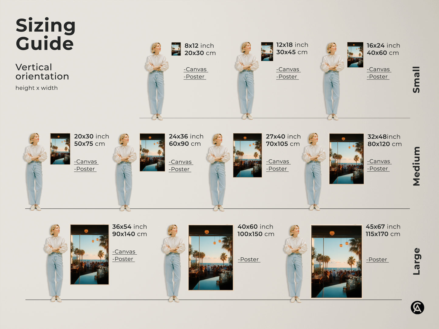 Sizing guide for coastal restaurant scene artwork. Vertical orientation options are available in small medium and large sizes. Find the perfect fit for your space. Canvas and poster options are available. Transform your walls with stunning artwork.