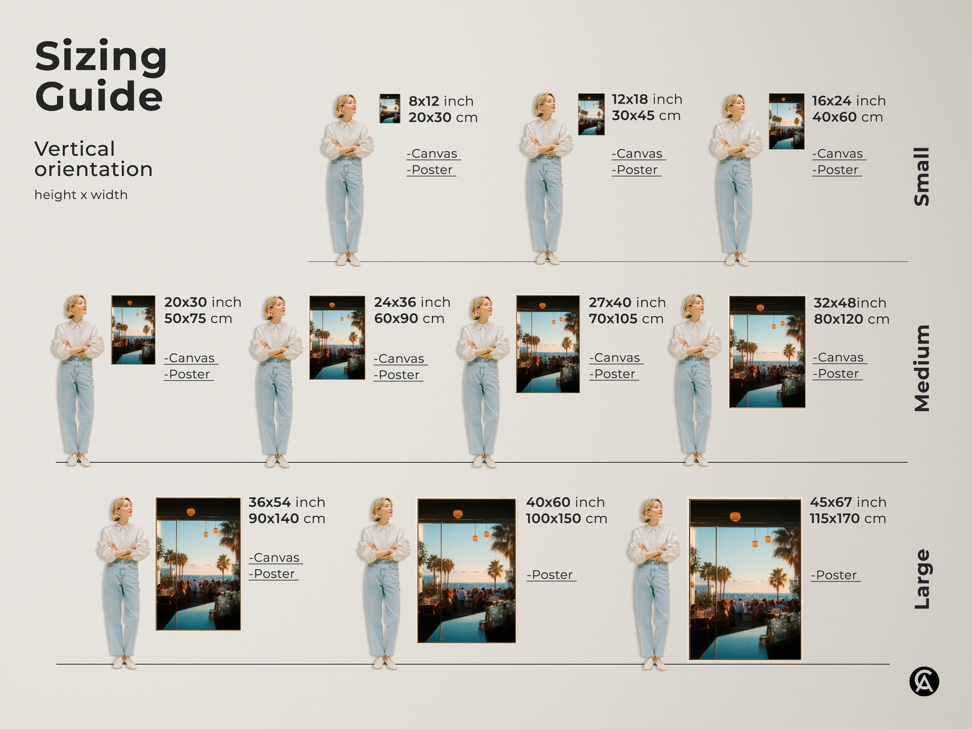 Sizing guide for coastal restaurant scene artwork. Vertical orientation options are available in small medium and large sizes. Find the perfect fit for your space. Canvas and poster options are available. Transform your walls with stunning artwork.