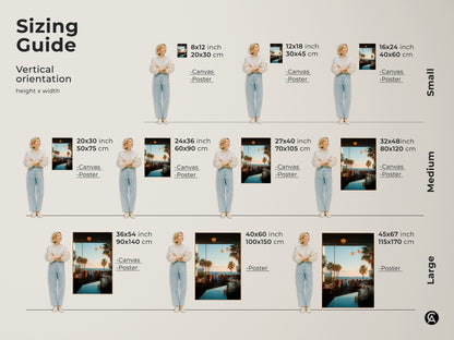 Sizing guide for coastal restaurant scene artwork. Vertical orientation options are available in small medium and large sizes. Find the perfect fit for your space. Canvas and poster options are available. Transform your walls with stunning artwork.