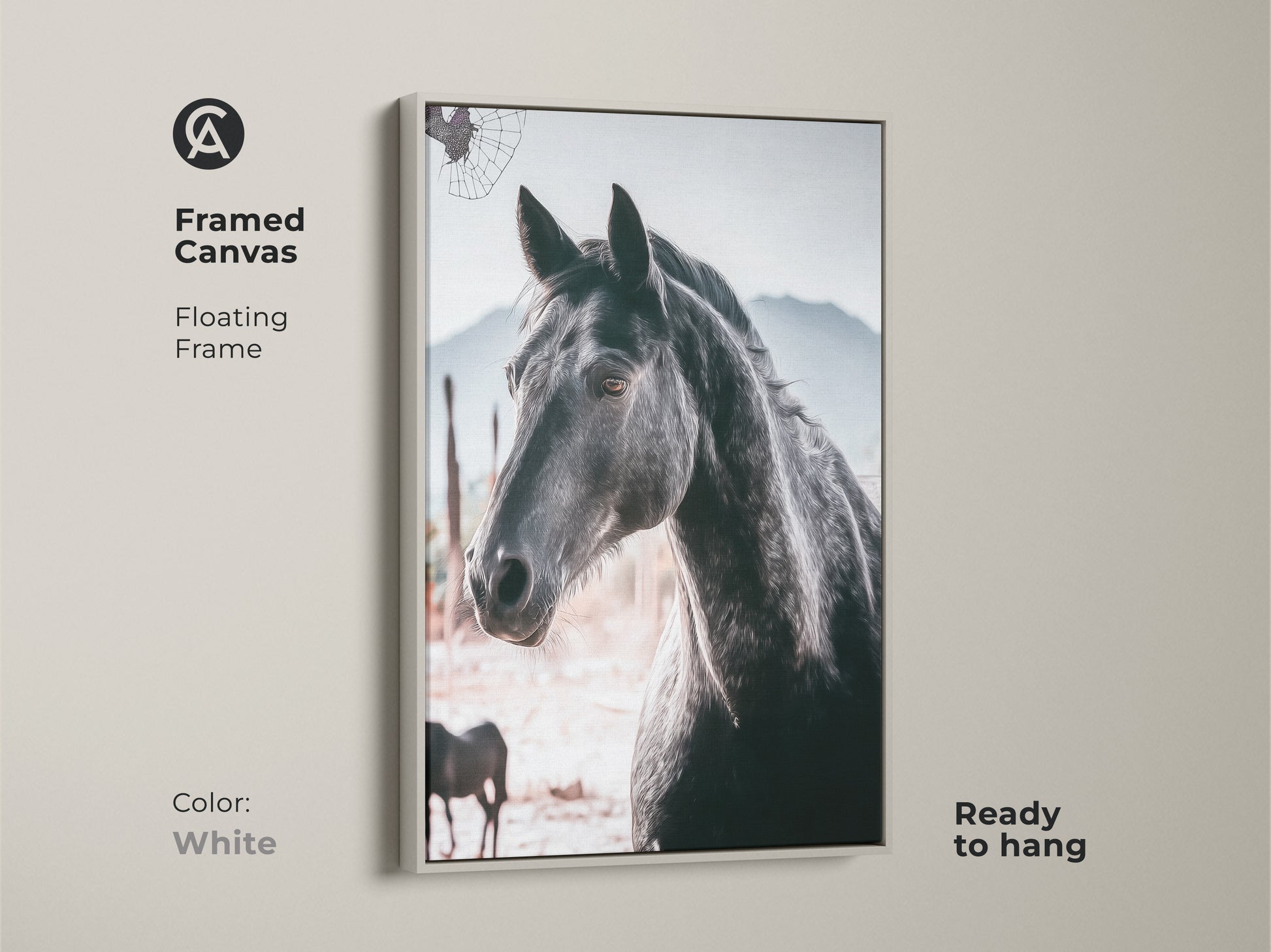 White framed canvas featuring a photorealistic horse. The floating frame enhances this rustic wildlife art. Ready to hang it brings animal photography and equestrian style to any space. A great gift for horse lovers this artwork adds a touch of nature.