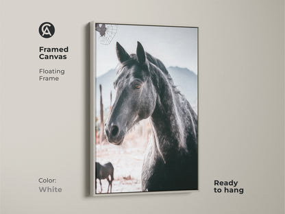 White framed canvas featuring a photorealistic horse. The floating frame enhances this rustic wildlife art. Ready to hang it brings animal photography and equestrian style to any space. A great gift for horse lovers this artwork adds a touch of nature.
