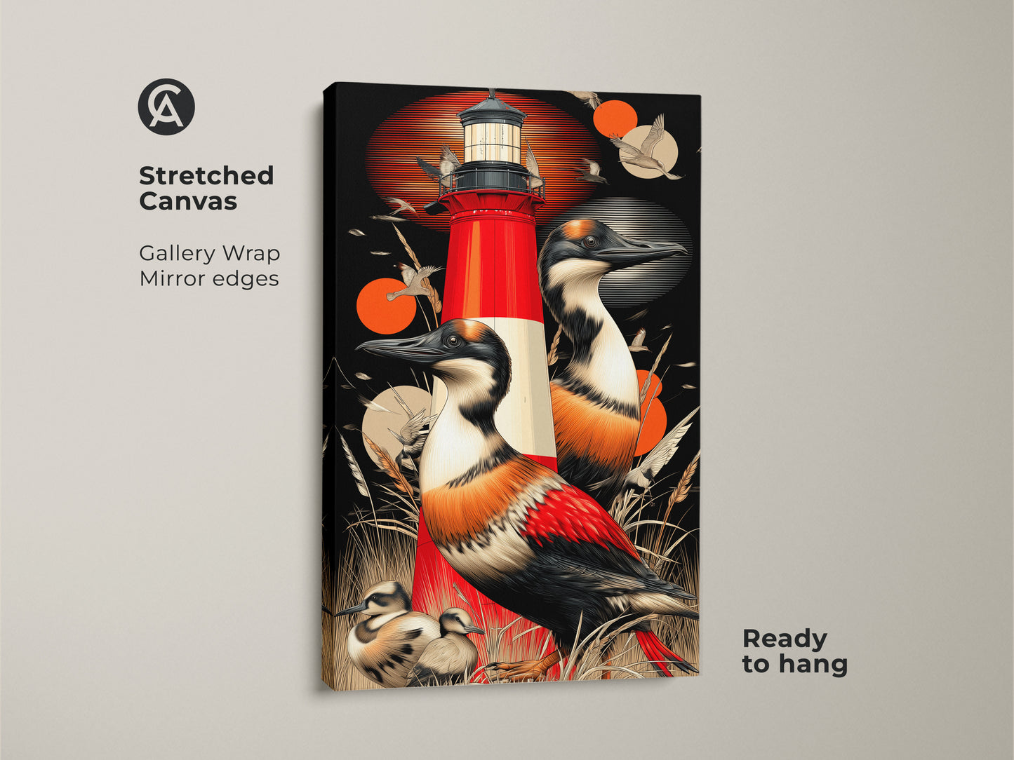This stretched canvas print displays a striking red lighthouse art piece with seabirds. Gallery wrapped with mirrored edges this coastal art adds to any decor. The black backdrop makes the retro red and orange colors pop. This wildlife art is ready to hang and enjoy in your home or give as a thoughtful housewarming gift.