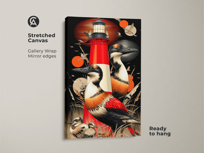 This stretched canvas print displays a striking red lighthouse art piece with seabirds. Gallery wrapped with mirrored edges this coastal art adds to any decor. The black backdrop makes the retro red and orange colors pop. This wildlife art is ready to hang and enjoy in your home or give as a thoughtful housewarming gift.